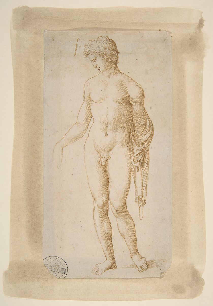 Standing Male Nude, Marcantonio Raimondi (Italian, Argini (?) ca. 1480–before 1534 Bologna (?)), Pen and brown ink 