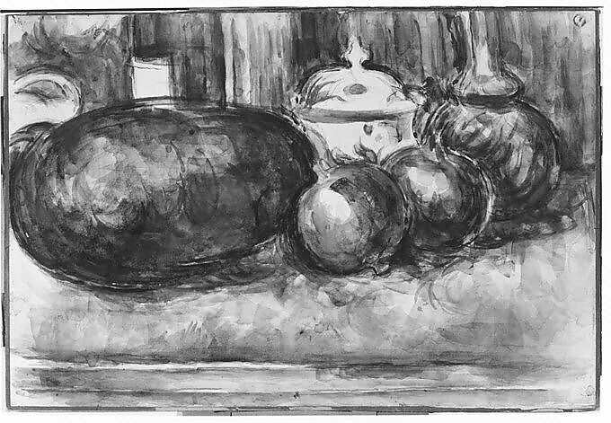 Still-Life with a Watermelon and Pomegranates, Paul Cézanne (French, Aix-en-Provence 1839–1906 Aix-en-Provence), Watercolor over graphite on laid paper