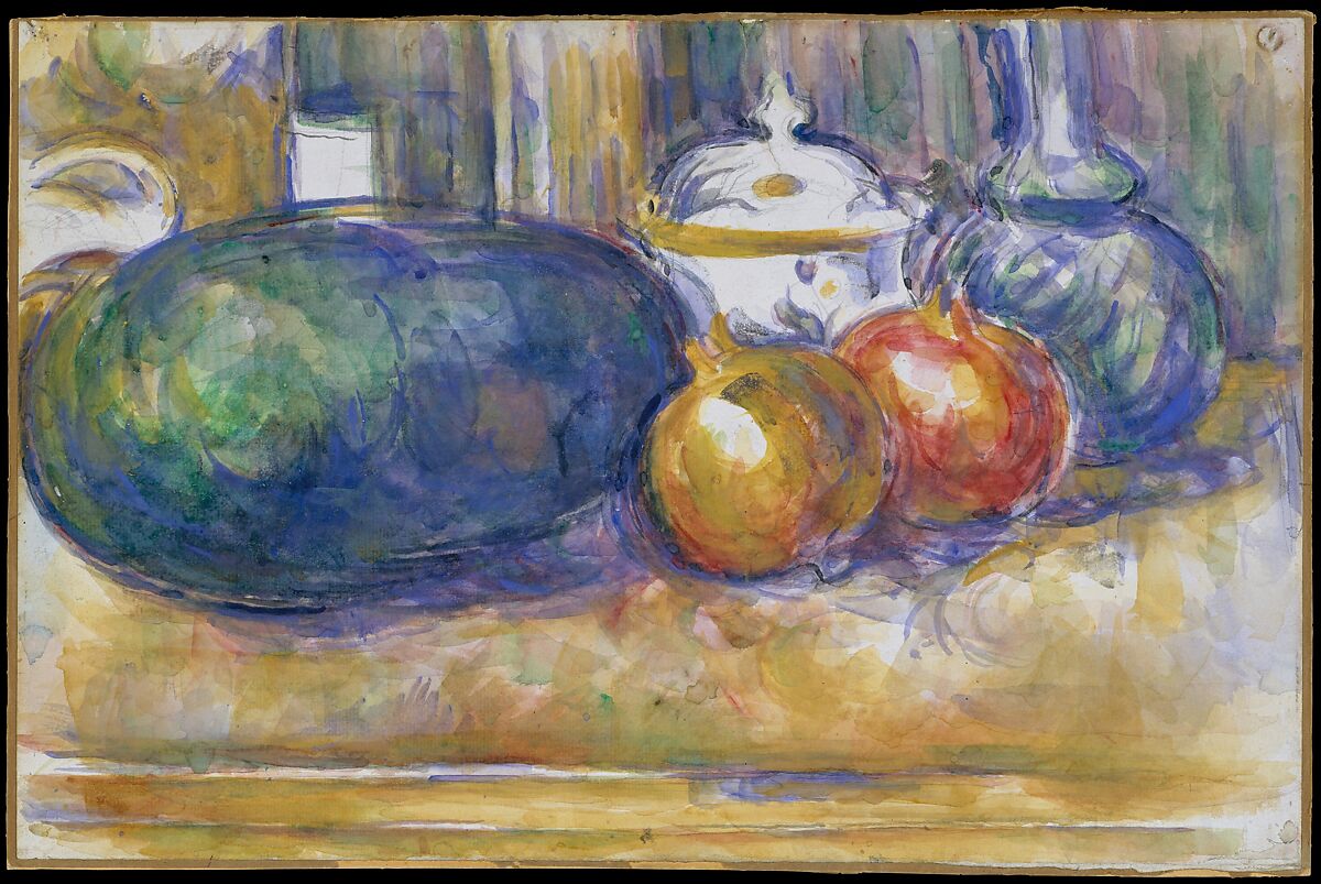 Still-Life with a Watermelon and Pomegranates, Paul Cézanne (French, Aix-en-Provence 1839–1906 Aix-en-Provence), Watercolor over graphite on laid paper 