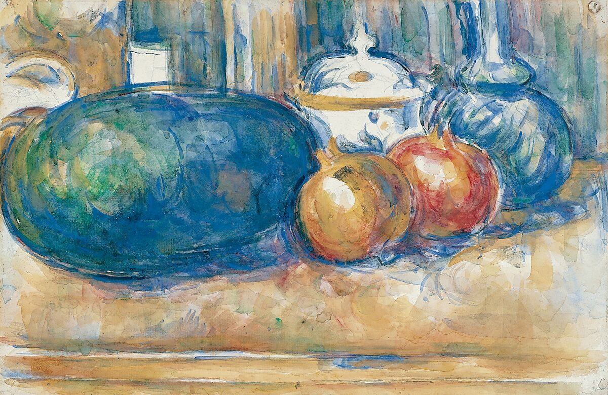 Still-Life with a Watermelon and Pomegranates, Paul Cézanne (French, Aix-en-Provence 1839–1906 Aix-en-Provence), Watercolor over graphite on laid paper