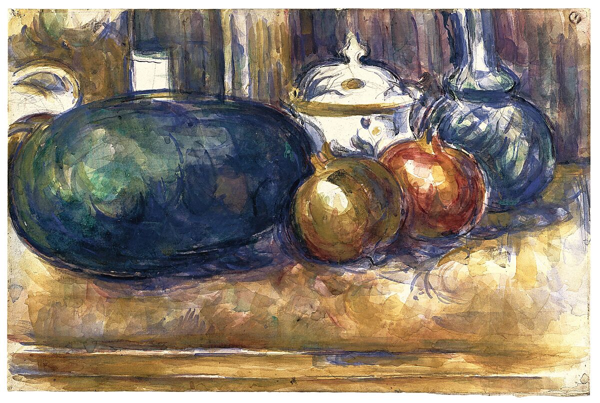 Still-Life with a Watermelon and Pomegranates, Paul Cézanne (French, Aix-en-Provence 1839–1906 Aix-en-Provence), Watercolor over graphite on laid paper