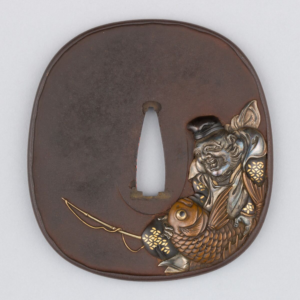 Sword Guard (Tsuba), Iron, copper, copper-gold alloy (shakudō), silver, gold, Japanese 