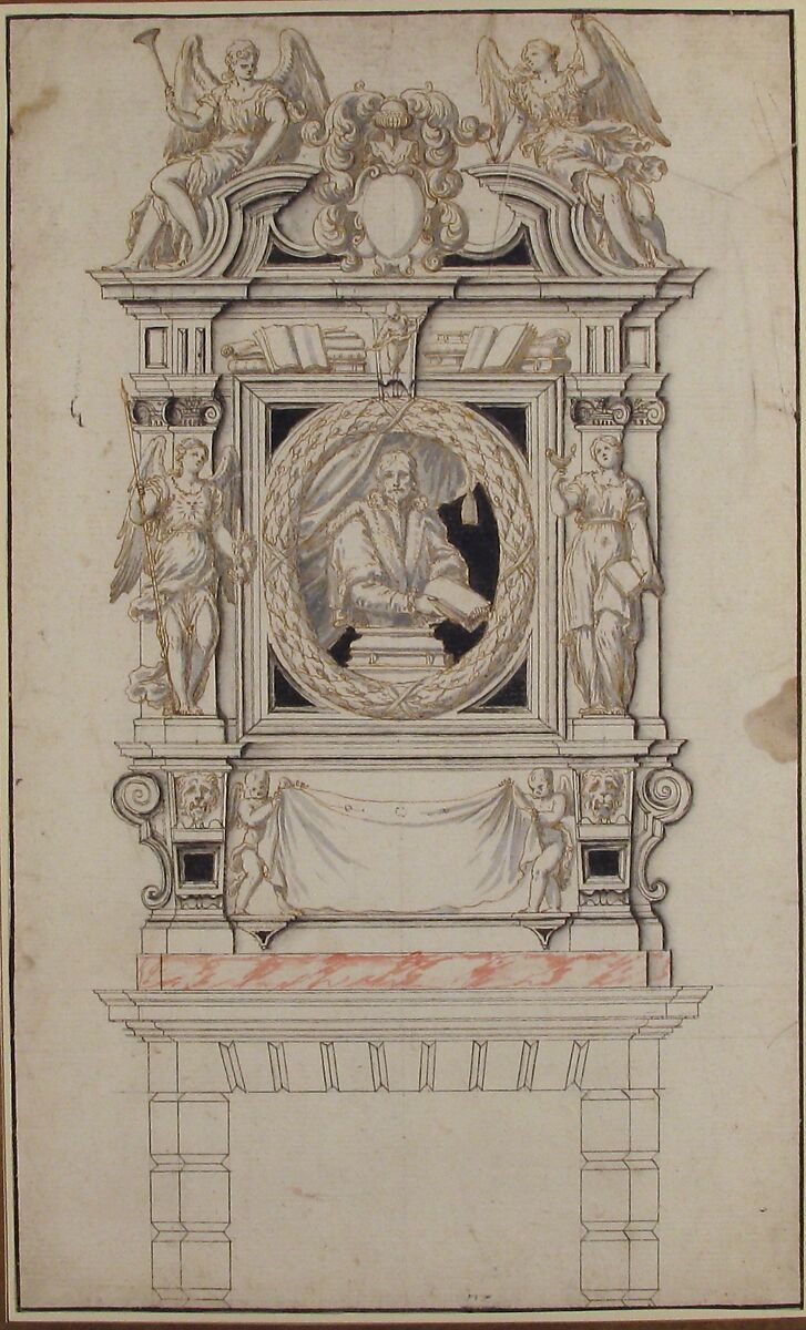 Design for a Wall Tomb, Anonymous, French, 17th century, Pen and brown ink, brush and black, gray and pink wash