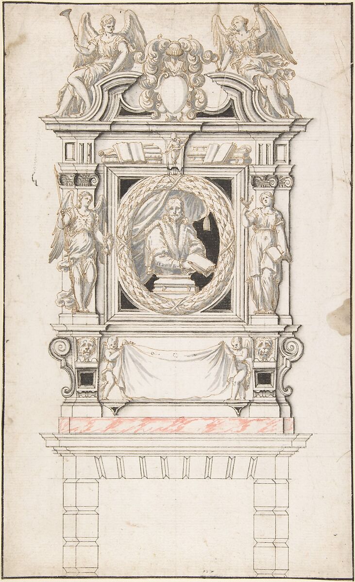 Design for a Wall Tomb, Anonymous, French, 17th century, Pen and brown ink, brush and black, gray and pink wash 