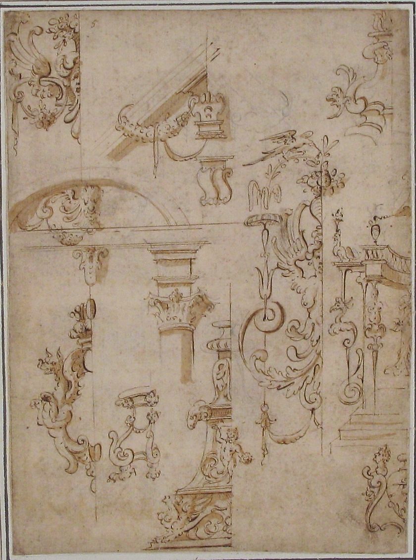 Ornamental sketches with a Griffin and Architectural Elements, Anonymous, French, 16th century, Pen and brown ink, brush and brown wash over black chalk