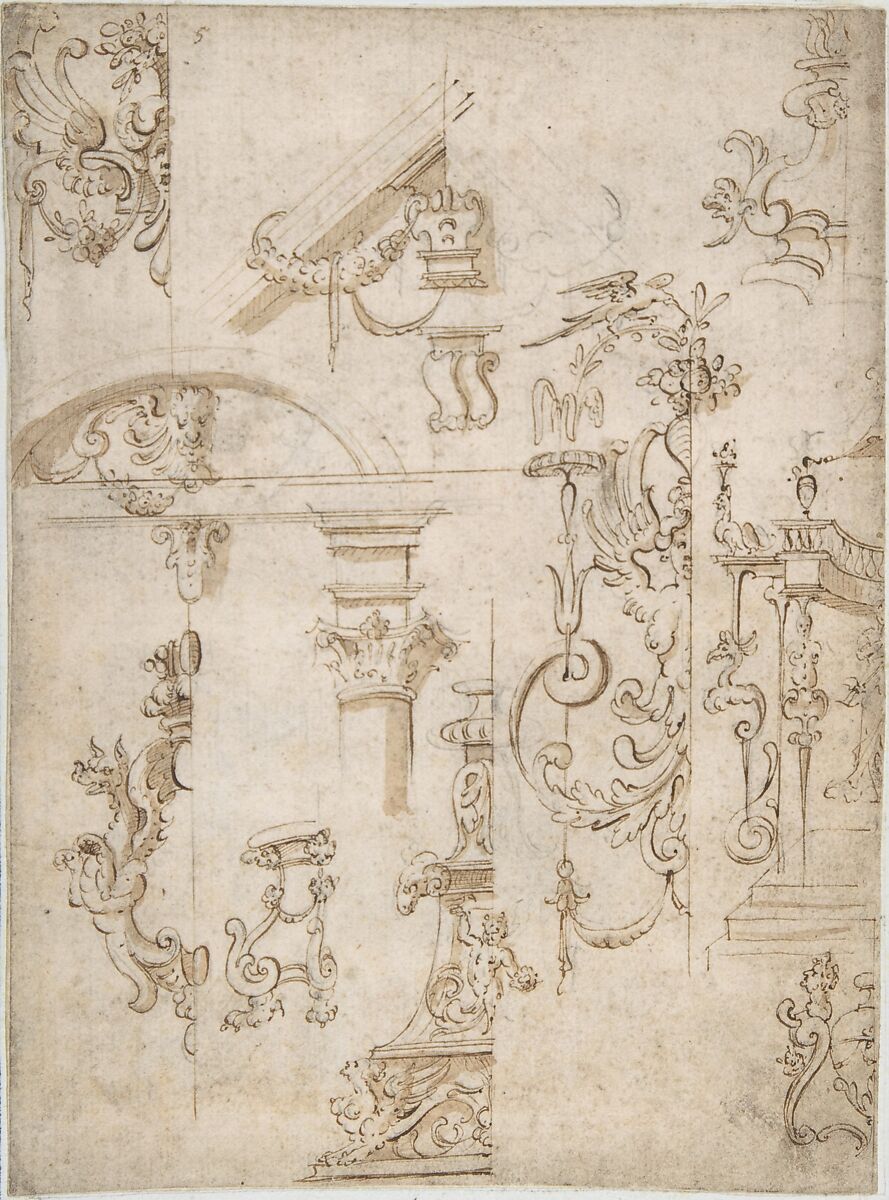 Ornamental sketches with a Griffin and Architectural Elements, Anonymous, French, 16th century, Pen and brown ink, brush and brown wash over black chalk 