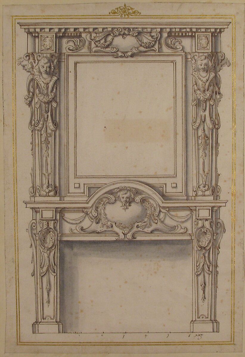 Design for a Fireplace, Anonymous, French, 17th century, Pen and brown ink, brush and gray wash; framing lines in gold paint