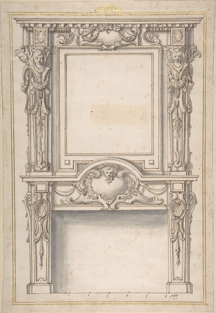 Design for a Fireplace, Anonymous, French, 17th century, Pen and brown ink, brush and gray wash, with framing lines in gold paint 