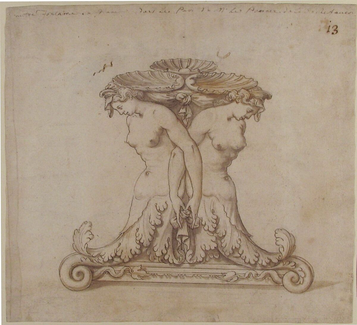 Drawing of a Fountain, Anonymous, French, 16th century, Pen and brown ink, brush and brown wash, over faint black chalk