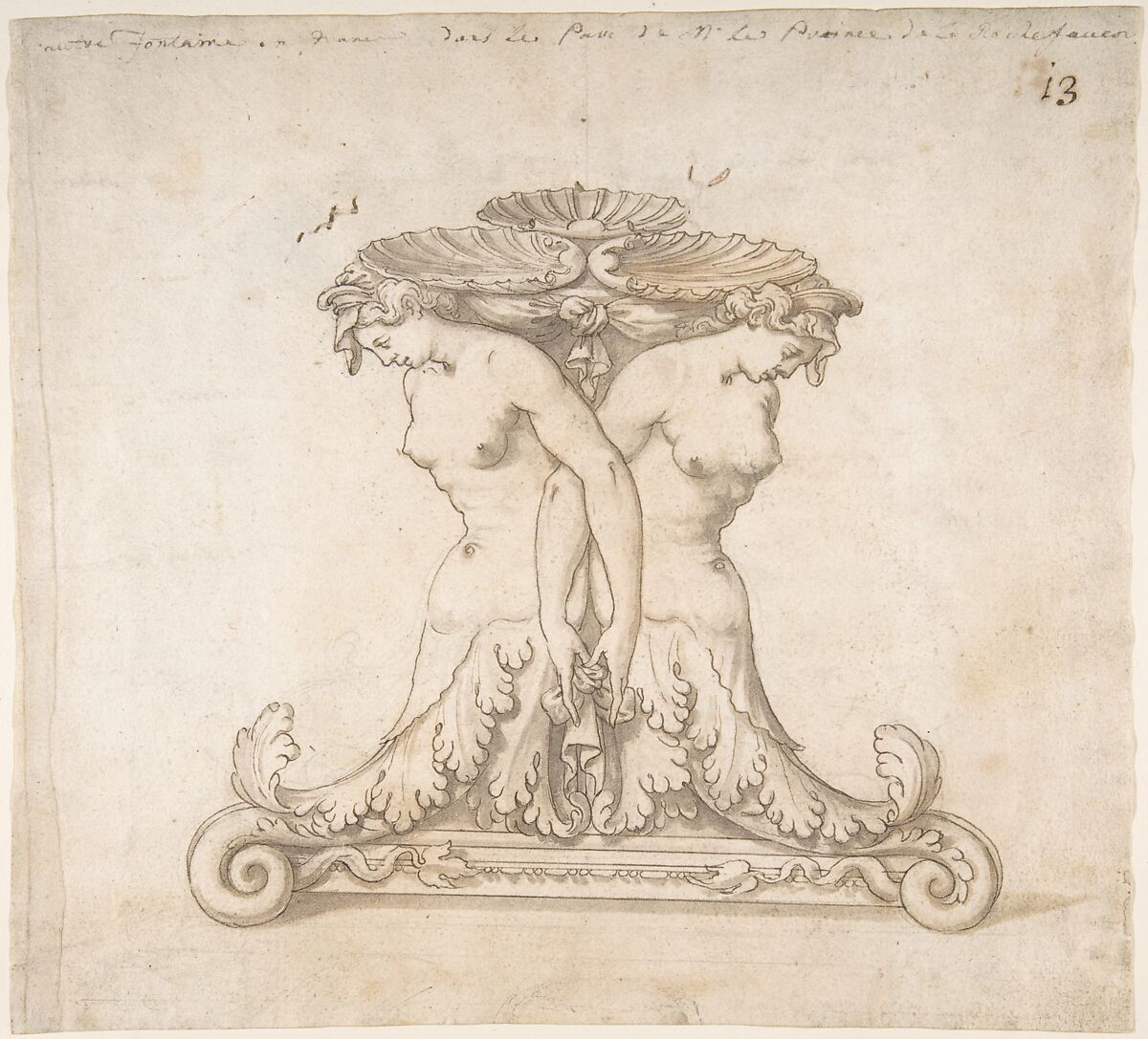 Drawing of a Fountain, Anonymous, French, 16th century, Pen and brown ink, brush and brown wash, over faint black chalk 