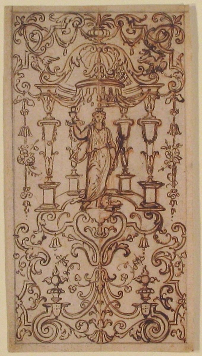 Panel of Ornament, Anonymous, French, 17th century, Pen and brown ink, over red chalk