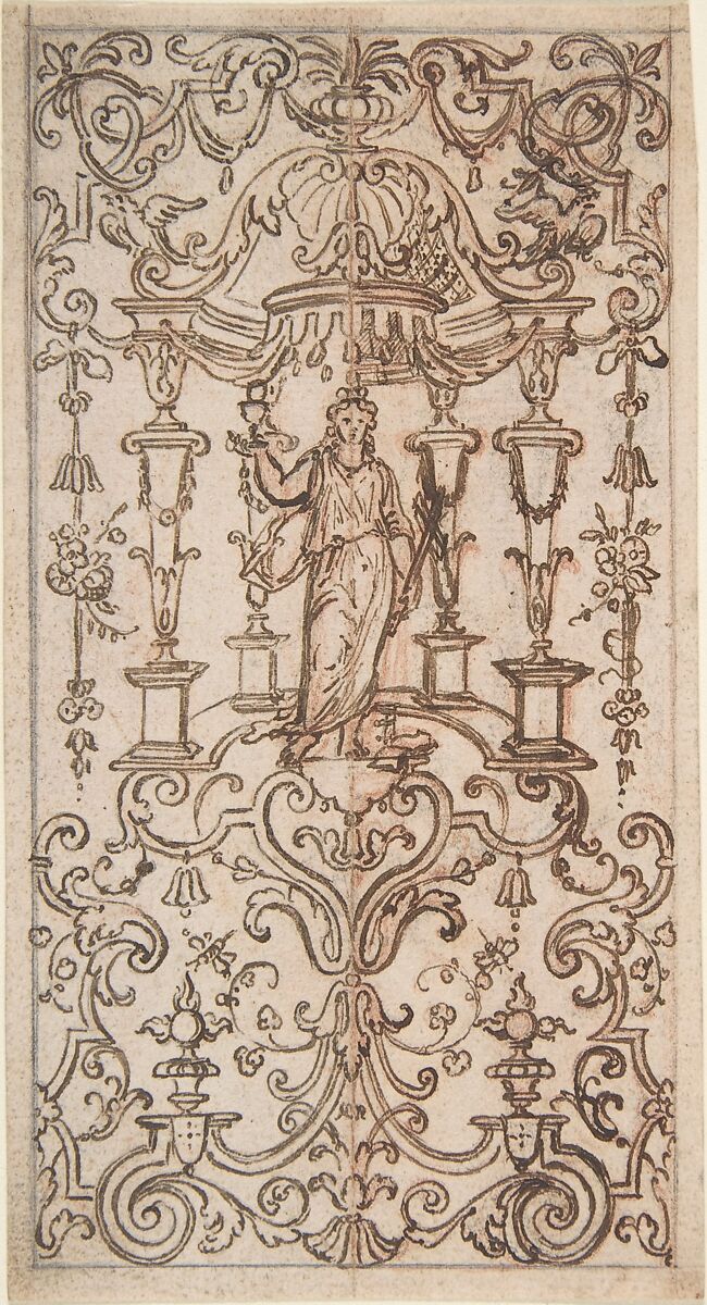 Panel of Ornament, Anonymous, French, 17th century, Pen and brown ink, over red chalk. 