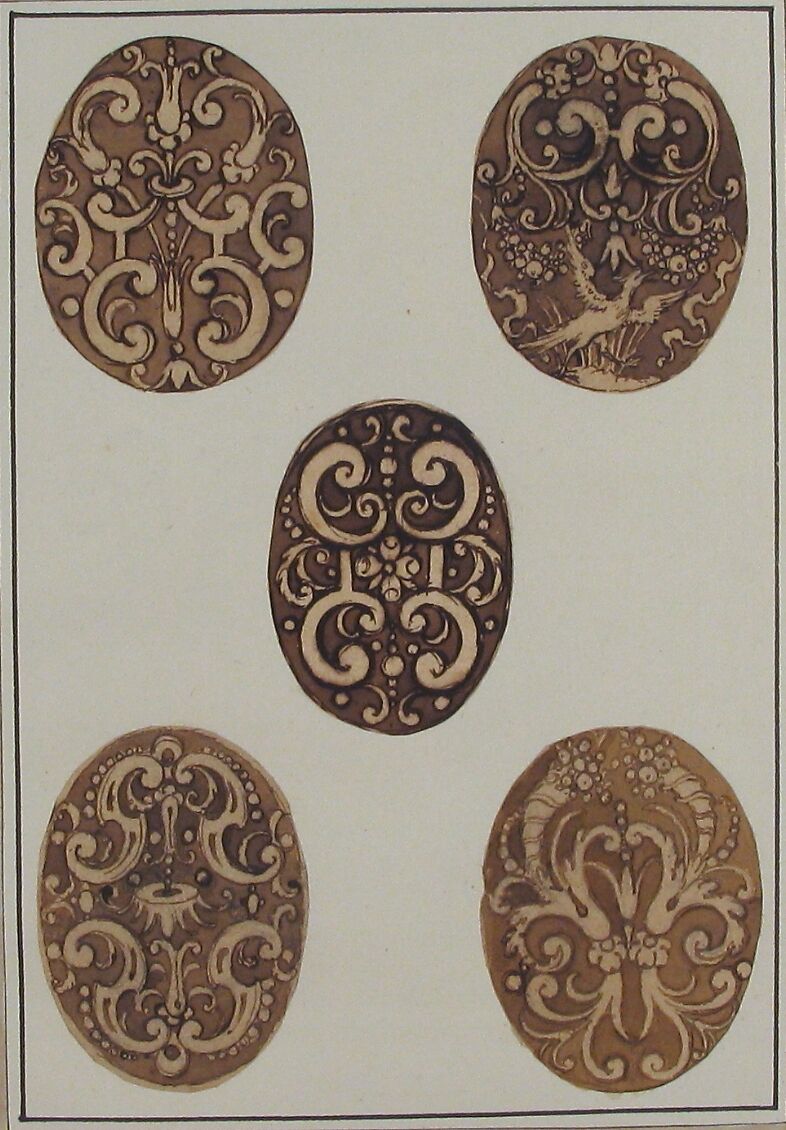 Oval Ornament Designs for Boxes, Anonymous, French, 17th century, Pen and brown ink, brush and brown wash, over black chalk