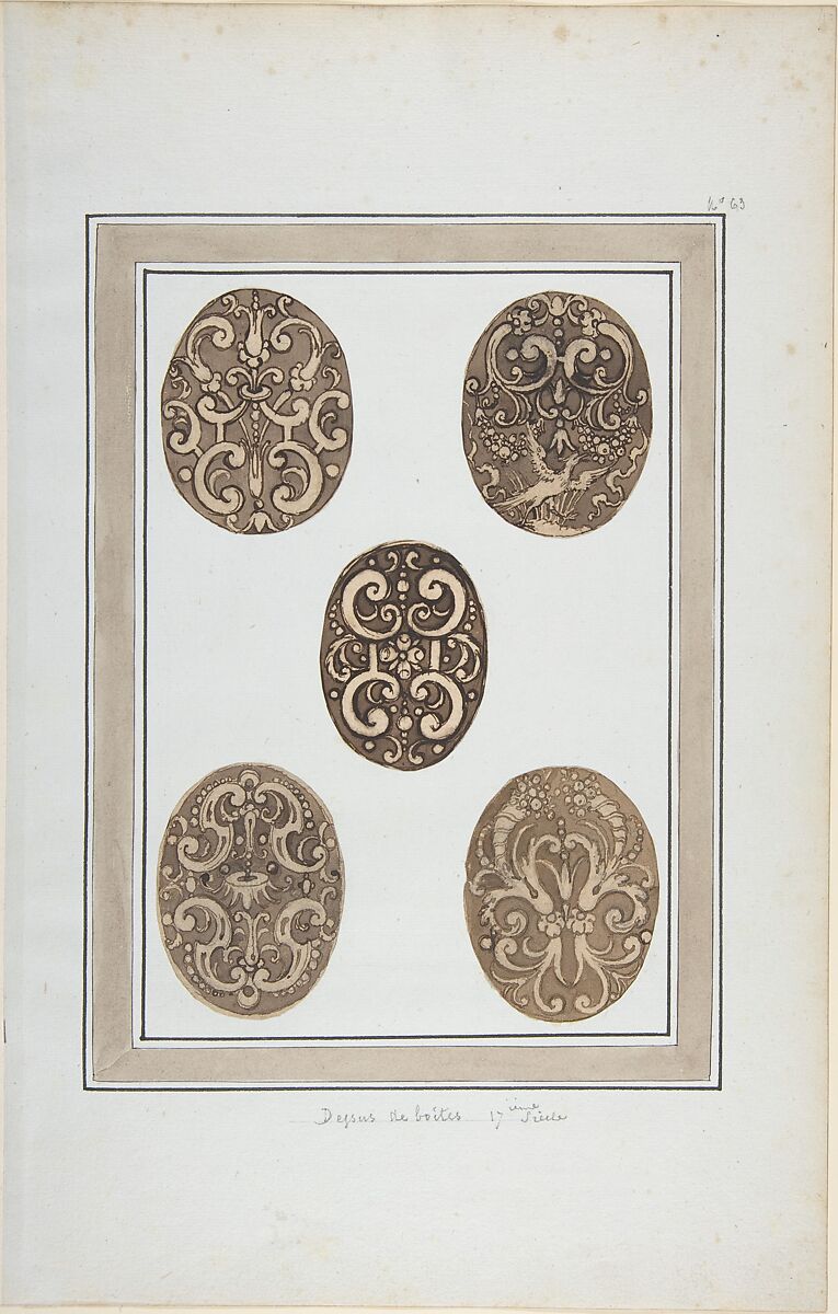 Oval Ornament Designs for Boxes, Anonymous, French, 17th century, Pen and brown ink, brush and brown wash, over black chalk 