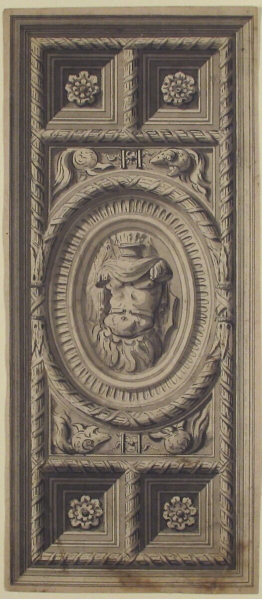 Study of the Henri II Staircase Ceiling at the Louvre Palace, Anonymous, French, 18th century, Pen and black ink, brush and gray wash; framing lines in pen and black ink