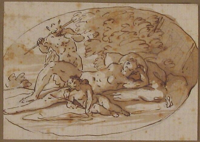 Design for a Vignette with a Nymph Surprised by a Satyr, Anonymous, French, 17th century, Pen and brown ink, brush and brown wash, graphite