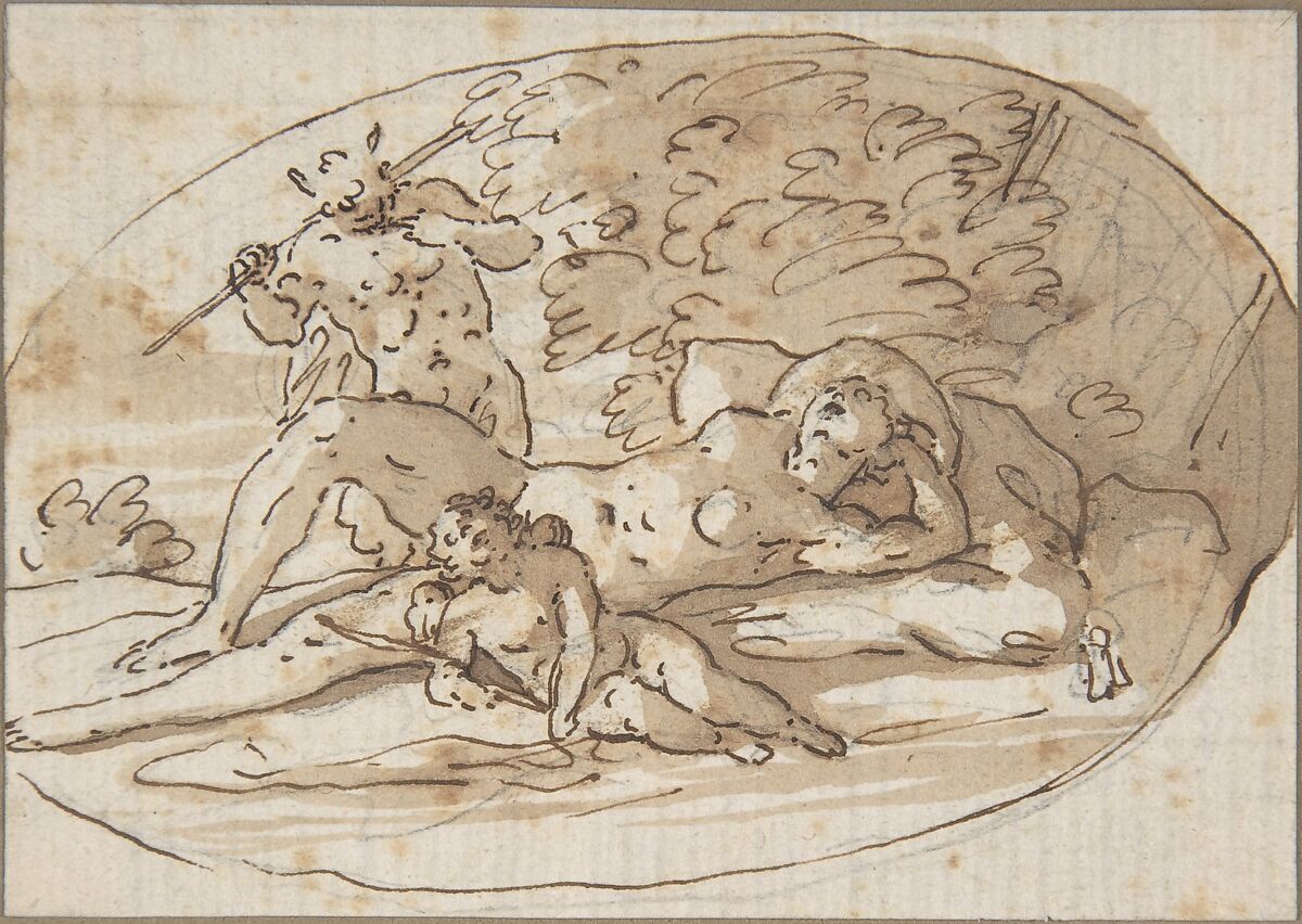 Design for a Vignette with a Nymph Surprised by a Satyr, Anonymous, French, 17th century, Pen and brown ink, brush and brown wash, graphite 