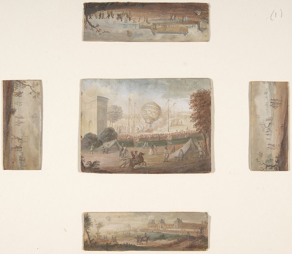 Designs for Top and Four Sides of a Snuffbox with Scenes depicting the Ascent of a Hot Air Balloon, Anonymous, French, 18th century, Gouache