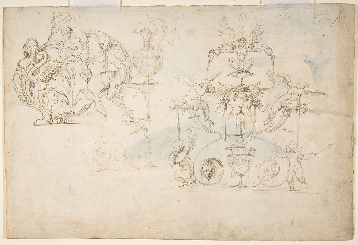 Studies of a Gentian, Moth, Birds, Cats, Interlacing Motif, and Greek Frets (recto); Ornamental Studies with Figures (verso), Giorgio di Giovanni ("Giorgio da Siena") (Italian, documented Siena 1538–died 1559 Siena), Pen and two colors of brown ink, brush and watercolor over leadpoint or black chalk (recto); pen and light brown ink over leadpoint or black chalk (verso)