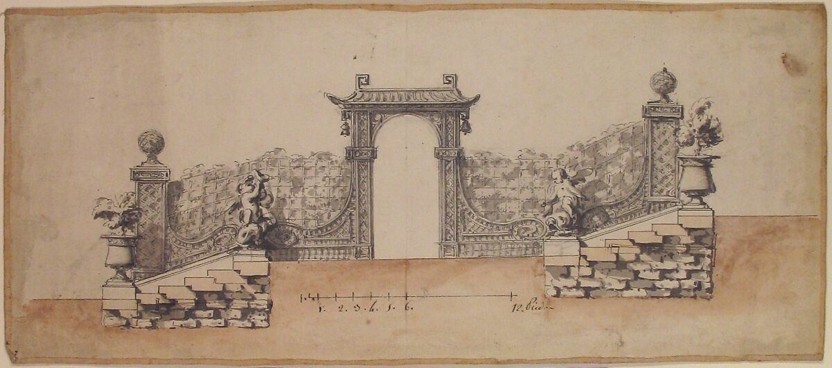 Design for Stairs in a Garden, Ligned with Trelliswork and a Chinese-inspired Gate, Anonymous, French, 18th century, Pen and gray ink, brush and gray and brown wash