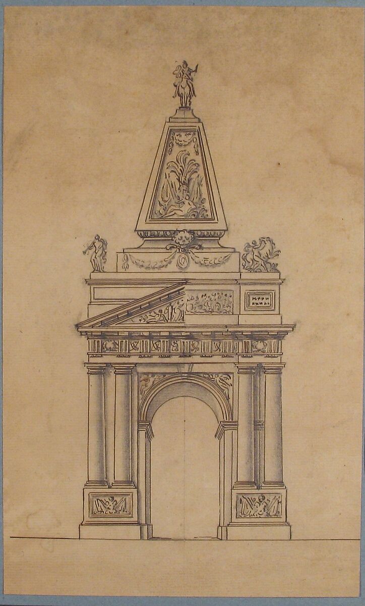 Design for a Triumphal Arch, Anonymous, French, 18th century, Pen and black ink, pen and brown ink, graphite.