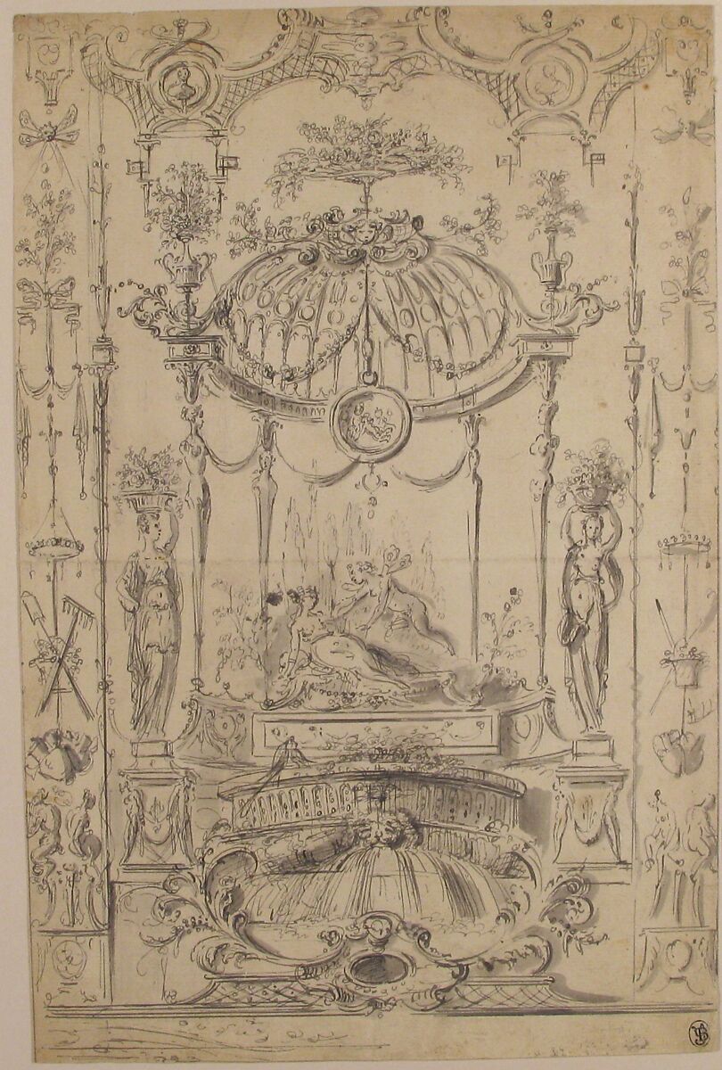 Design for an Arabesque with Cupid and Psyche, Circle of Claude Gillot (French, Langres 1673–1722 Paris), Pen and gray ink, brush and gray wash