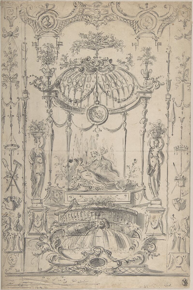 Design for an Arabesque with Cupid and Psyche, Circle of Claude Gillot (French, Langres 1673–1722 Paris), Pen and gray ink, brush and gray wash 