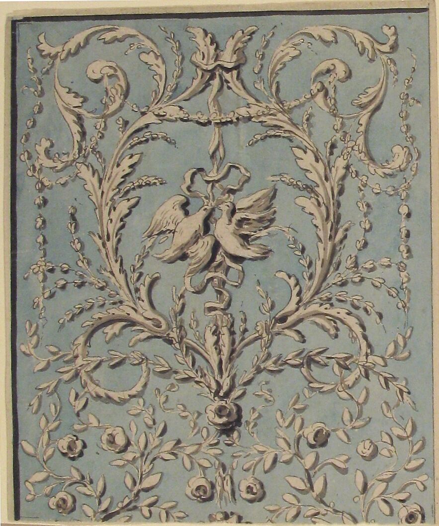 Design for Upright Decorative Panels, Anonymous, French, 18th century, Pen and gray ink, brush and gray wash with background in brush and blue wash. Cut at the bottom.