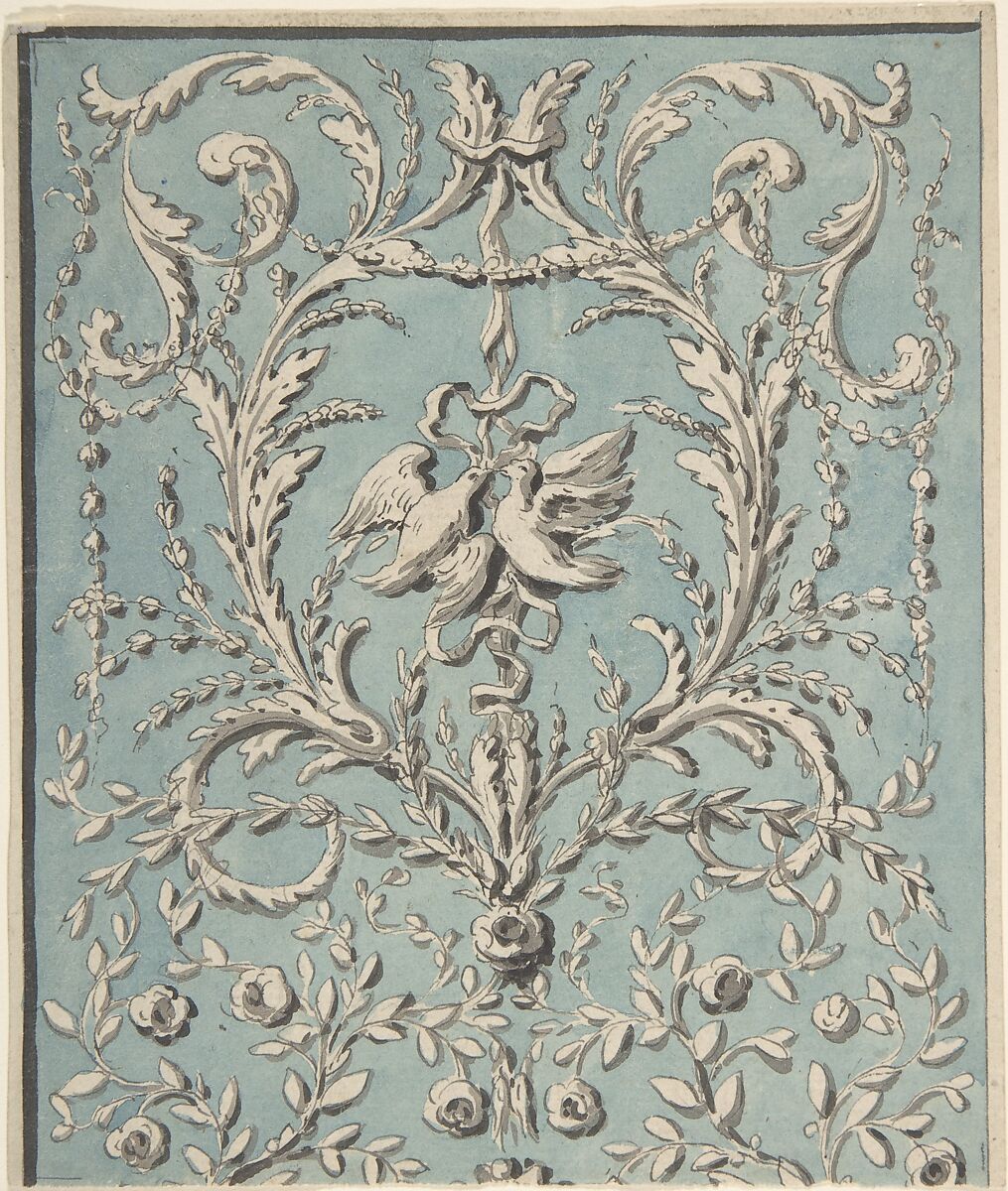 Design for Upright Decorative Panels, Anonymous, French, 18th century, Pen and gray ink, brush and gray wash with background in brush and blue wash. Cut at the bottom. 