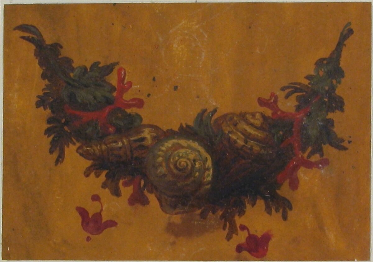 Design for Garland with Shells, Anonymous, French, 18th century, Gouache on tan-toned paper 