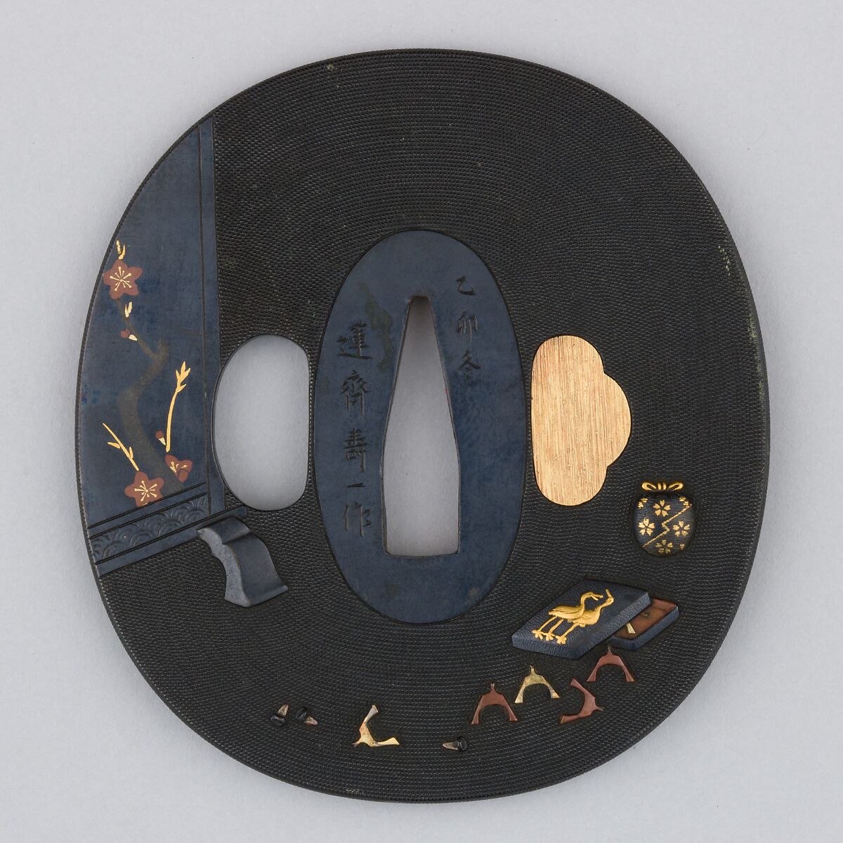 Sword Guard (Tsuba), Copper-gold alloy (shakudō), copper-silver alloy (shibuichi), gold, copper, Japanese 