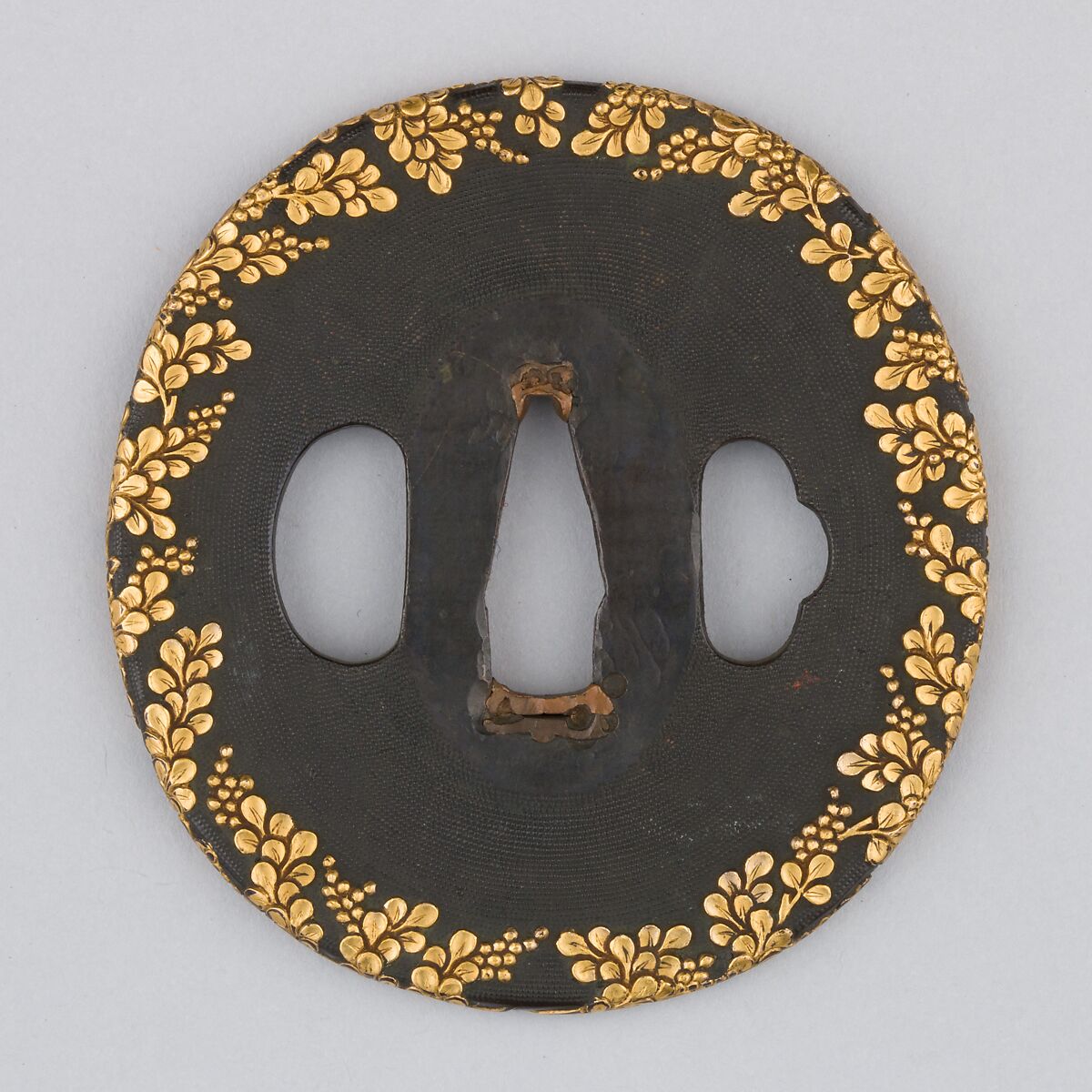 Sword Guard (Tsuba), Copper-gold alloy (shakudō), gold, copper, Japanese
