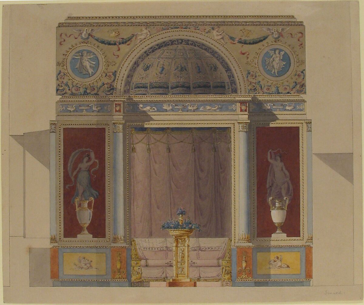 Study for an Arched Alcove with a Canapé, Anonymous, French, 19th century, Pen and gray ink, brush and colored wash