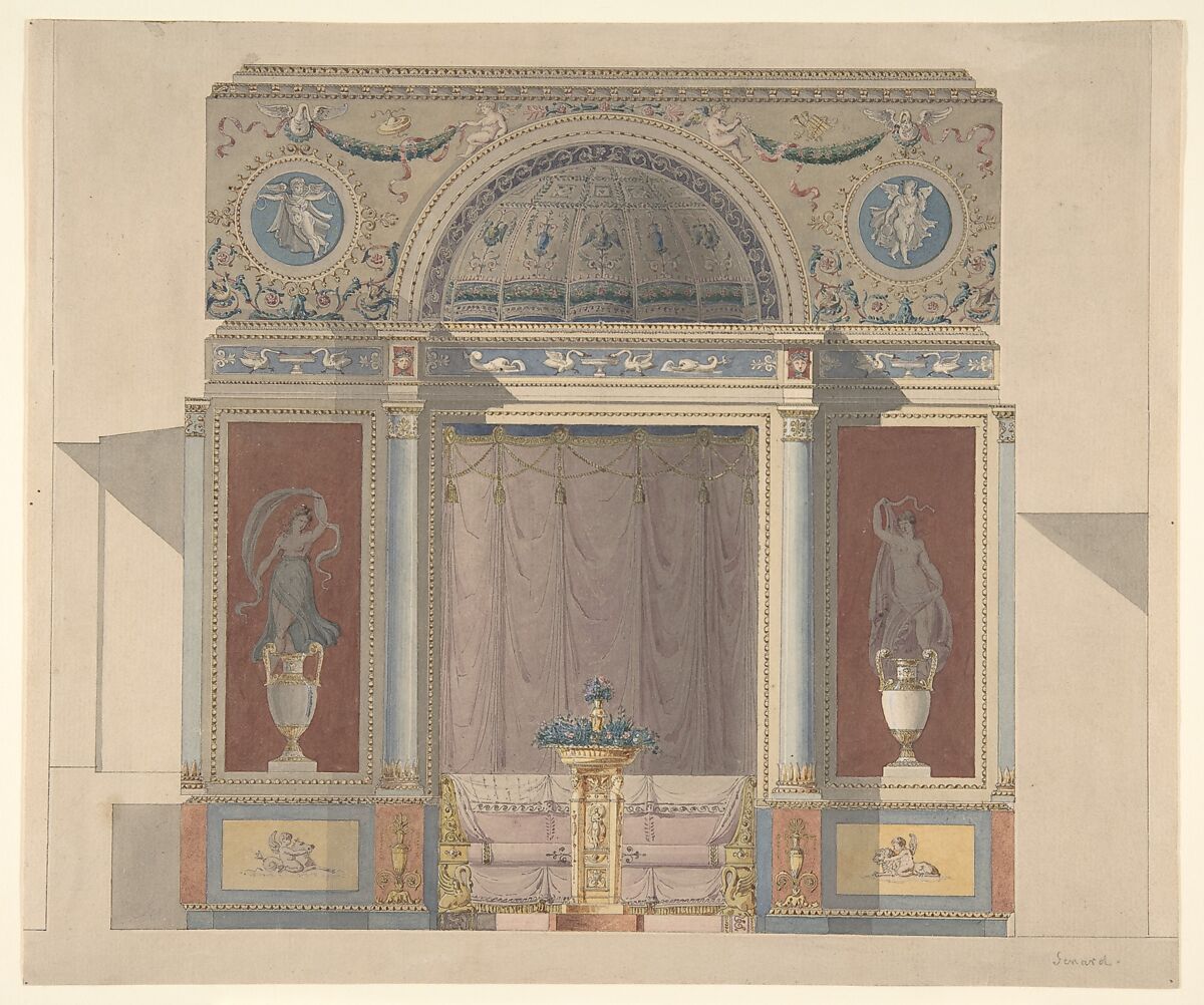 Study for an Arched Alcove with a Canapé, Anonymous, French, 19th century, Pen and gray ink, brush and colored wash 
