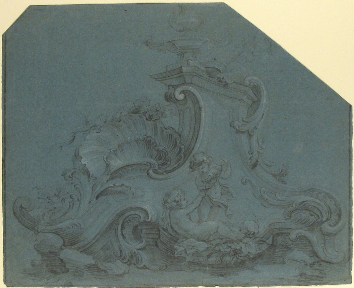 Design for a Fountain, Anonymous, French, 18th century ?, Black crayon, heightened with white on blue paper