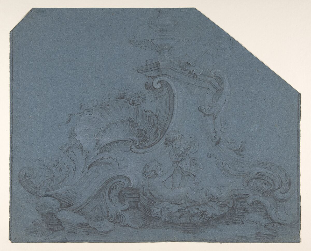 Design for a Fountain, Anonymous, French, 18th century ?, Black crayon, heightened with white on blue paper. 