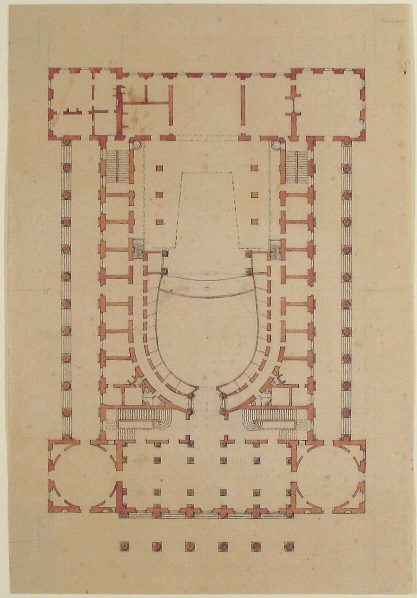 Design for a Theatre, Anonymous, French, 18th century, Pen and black ink, brush and rose wash over graphite.