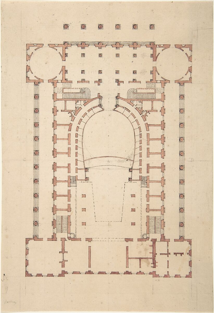 Design for a Theatre, Anonymous, French, 18th century, Pen and black ink, brush and rose wash over graphite. 