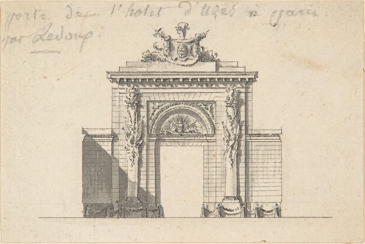 Portal of the Hôtel d'Uzès by Ledoux, Anonymous, French, 18th century, Pen and gray ink,  brush and gray wash 