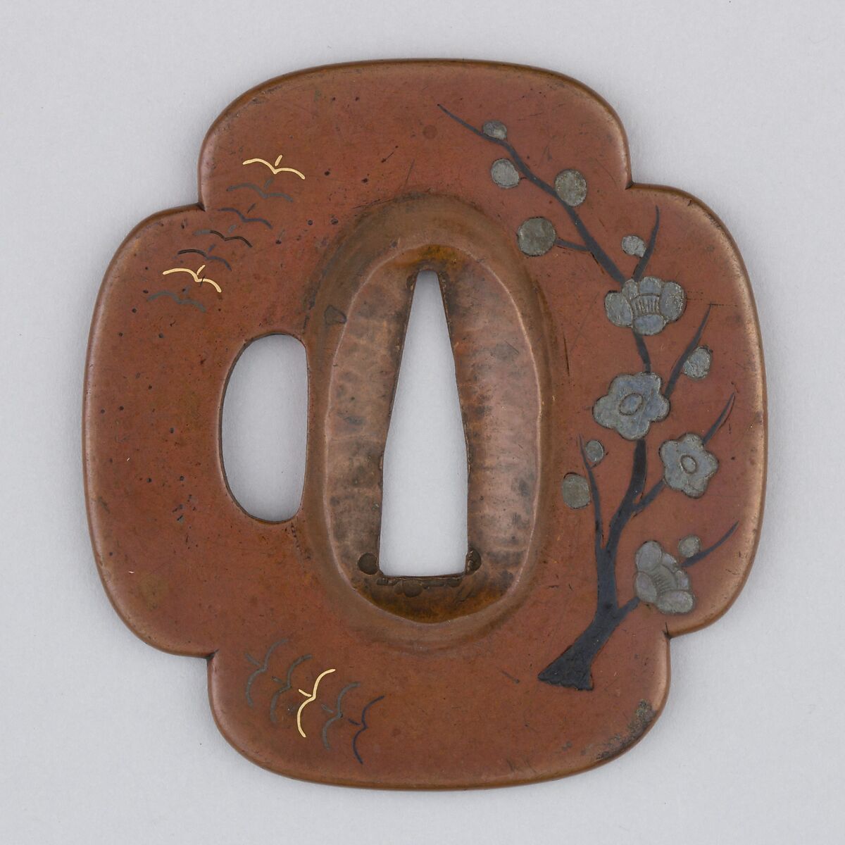 Sword Guard (Tsuba), Copper, copper-gold alloy (shakudō), gold, silver, Japanese 