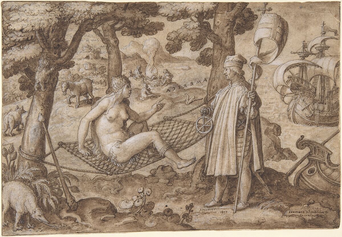 Allegory of America, Jan van der Straet, called Stradanus (Netherlandish, Bruges 1523–1605 Florence), Pen and brown ink, brown wash, heightened with white, over black chalk. Incised 