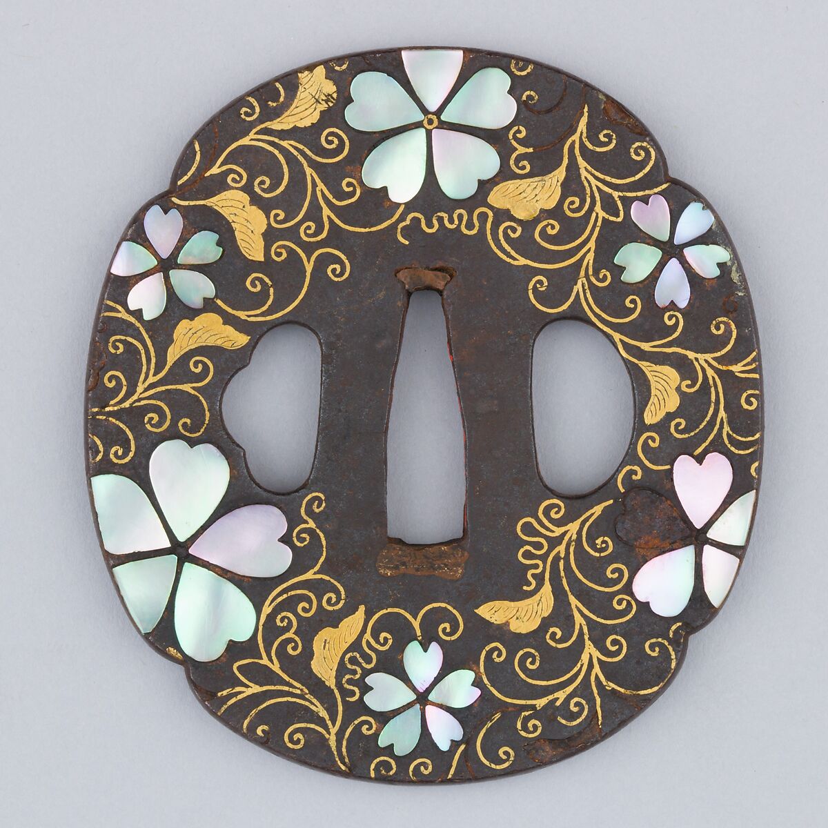Sword Guard (Tsuba), Iron, mother-of-pearl, gold, copper, Japanese 