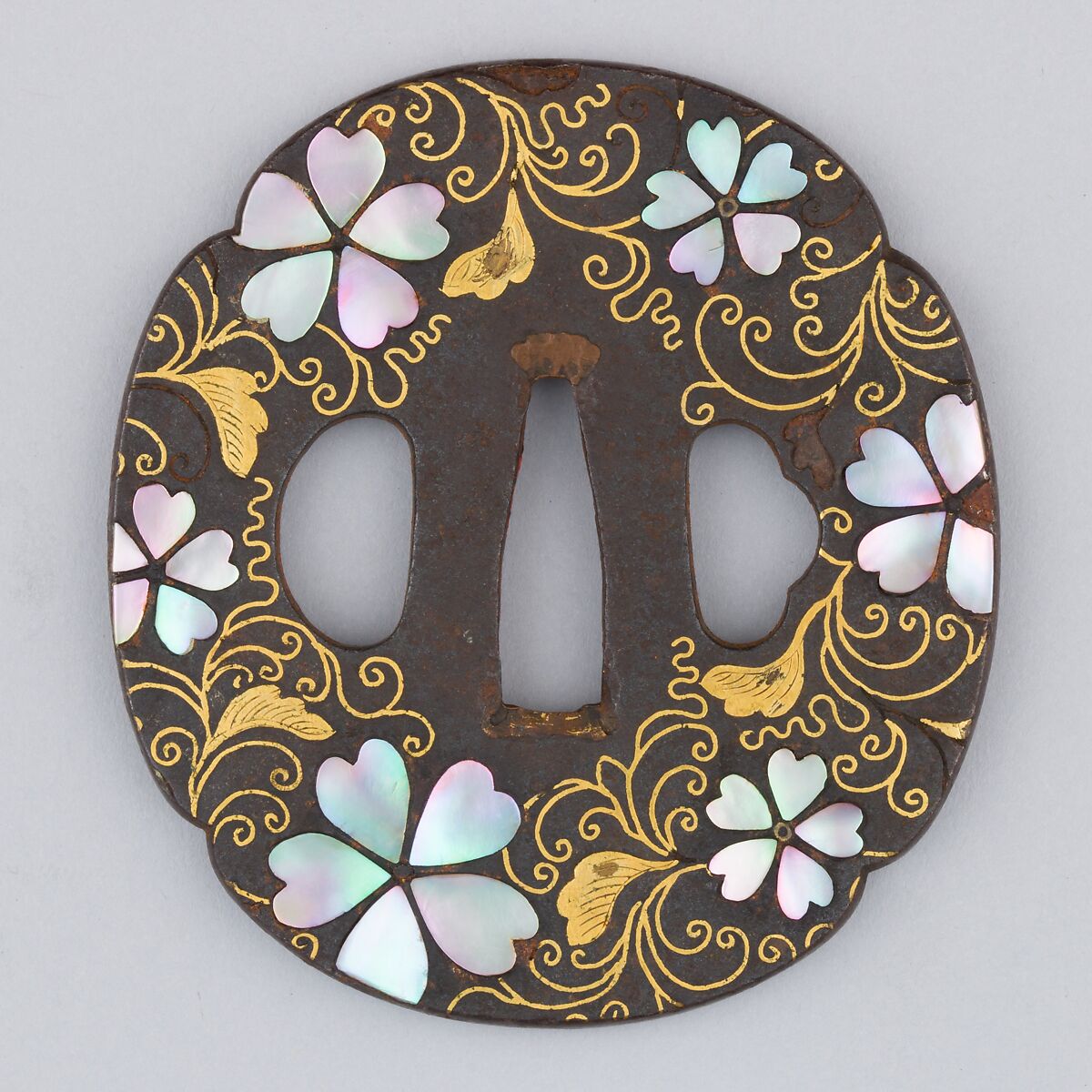 Sword Guard (Tsuba), Iron, mother-of-pearl, gold, copper, Japanese