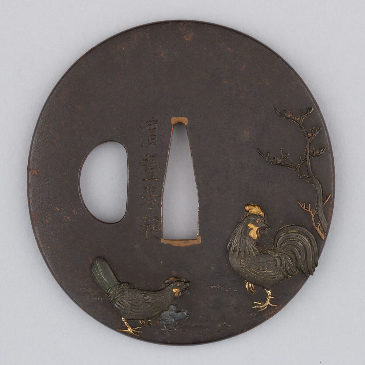 Sword Guard (Tsuba), Iron, copper-silver alloy (shibuichi), gold, copper, Japanese 