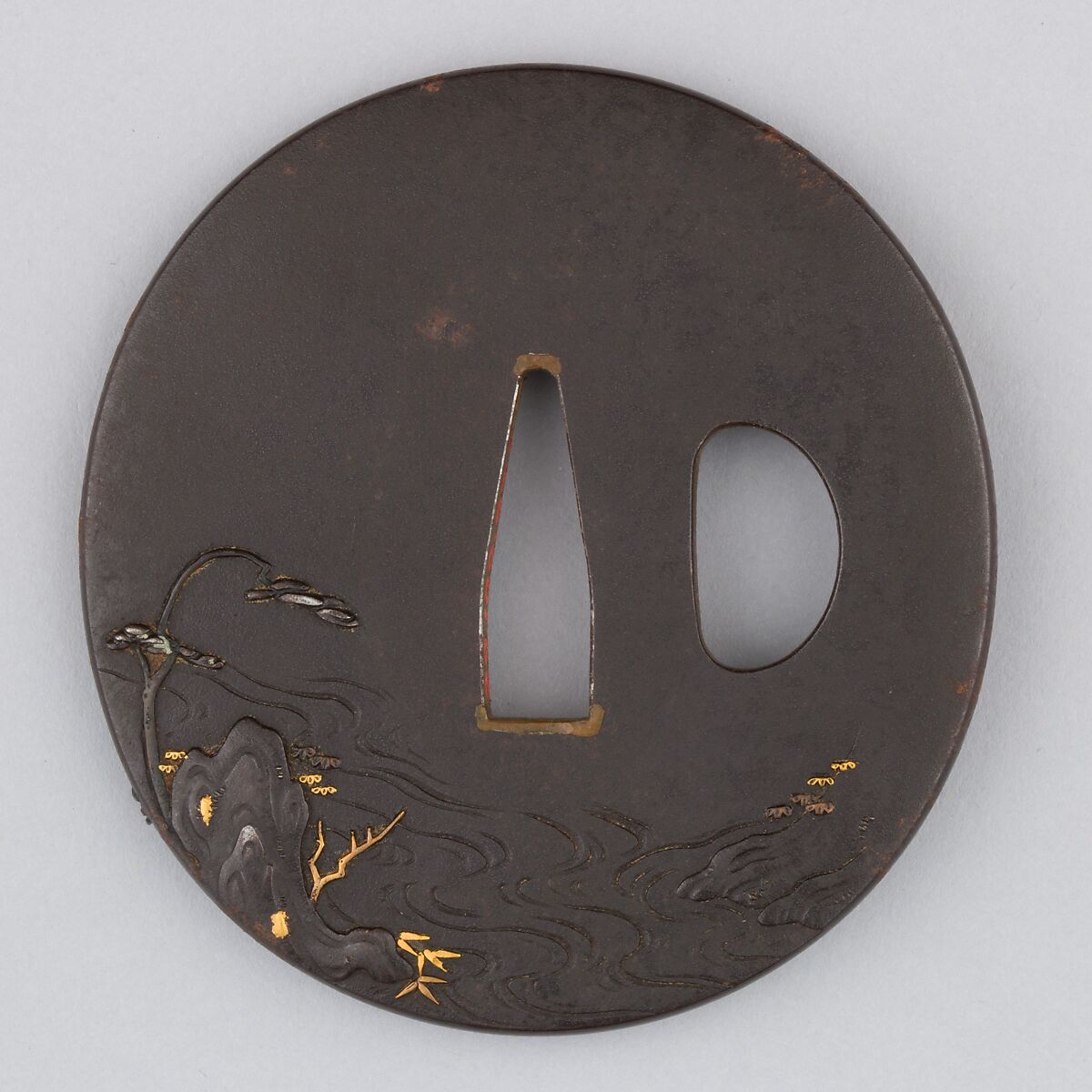Sword Guard (Tsuba), Iron, copper-silver alloy (shibuichi), gold, copper, Japanese