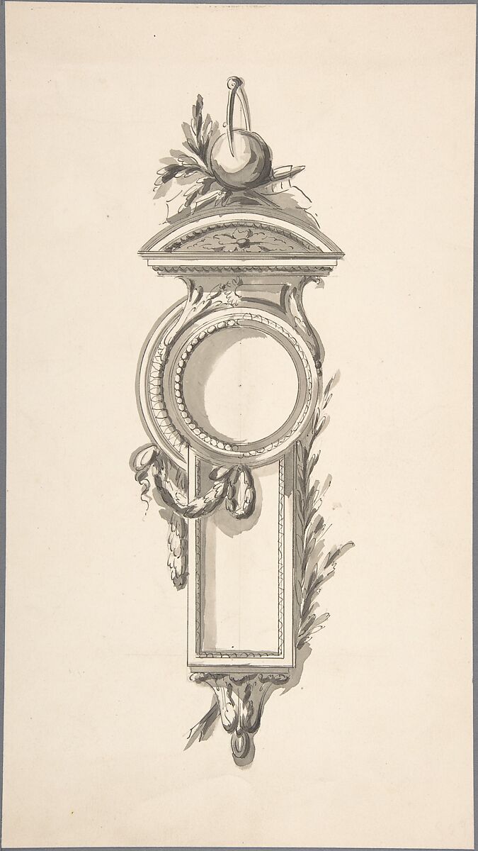 Design for a Clock Case, Anonymous, French, 18th century, Graphite, pen and gray ink, brush and gray wash (recto); graphite (verso) 