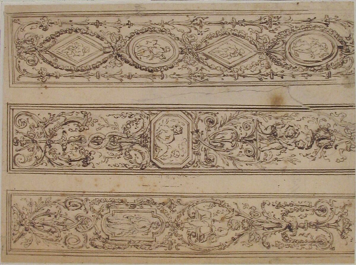 Design for Three Upright Panels of Ornament Arabesques, Anonymous, French, 18th century, Pen and brown ink
