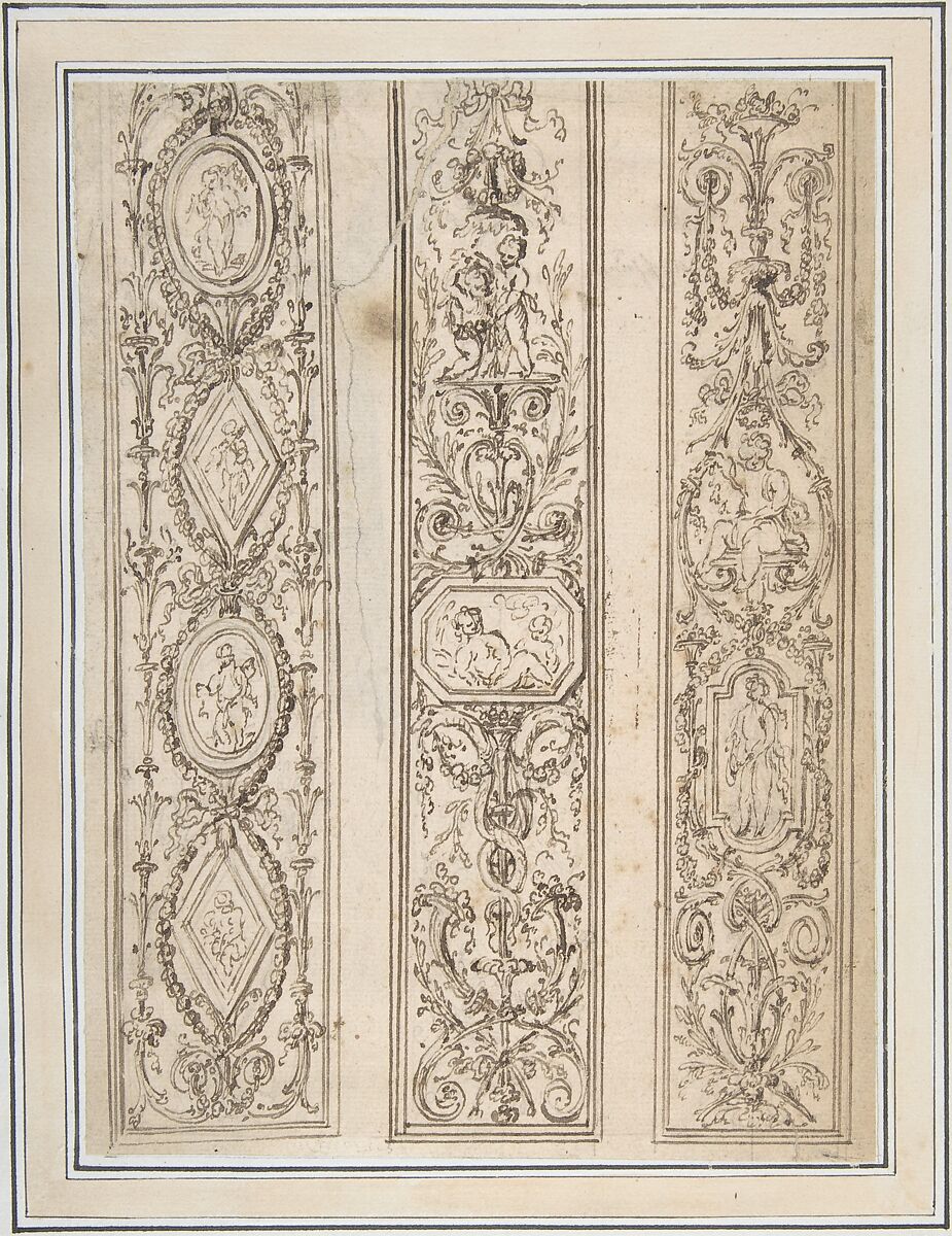 Design for Three Upright Panels of Ornament Arabesques, Anonymous, French, 18th century, Pen and brown ink 