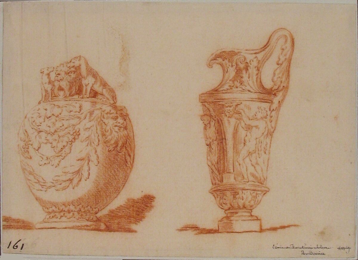 Designs for Two Vases, Anonymous, French, 18th century, Red chalk 