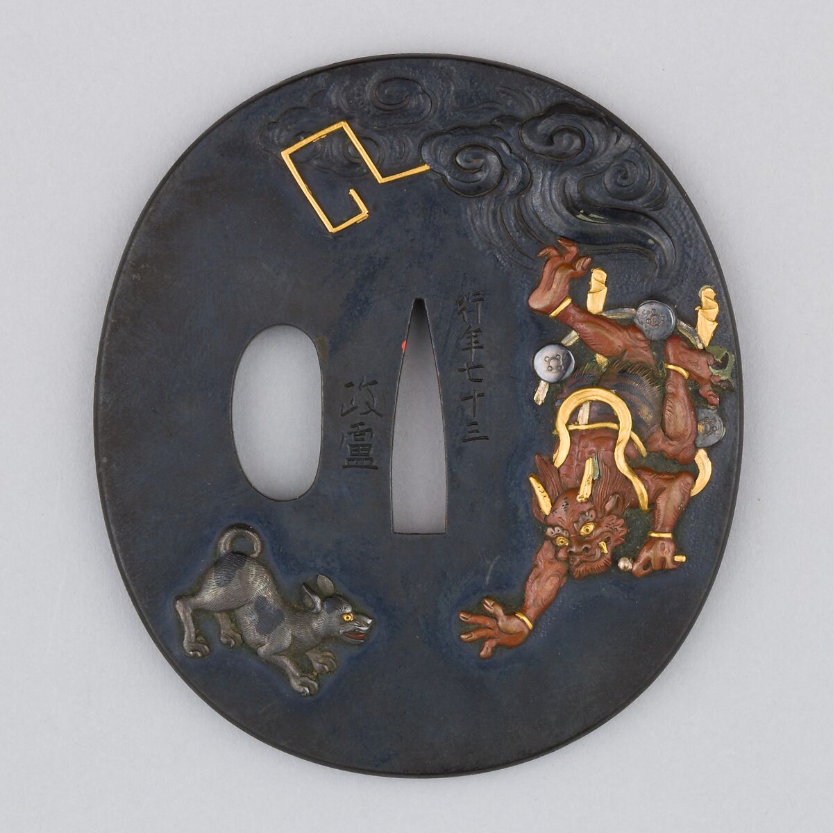 Sword Guard (Tsuba), Copper-gold alloy (shakudō), copper, gold, silver, copper-silver alloy (shibuichi), Japanese 